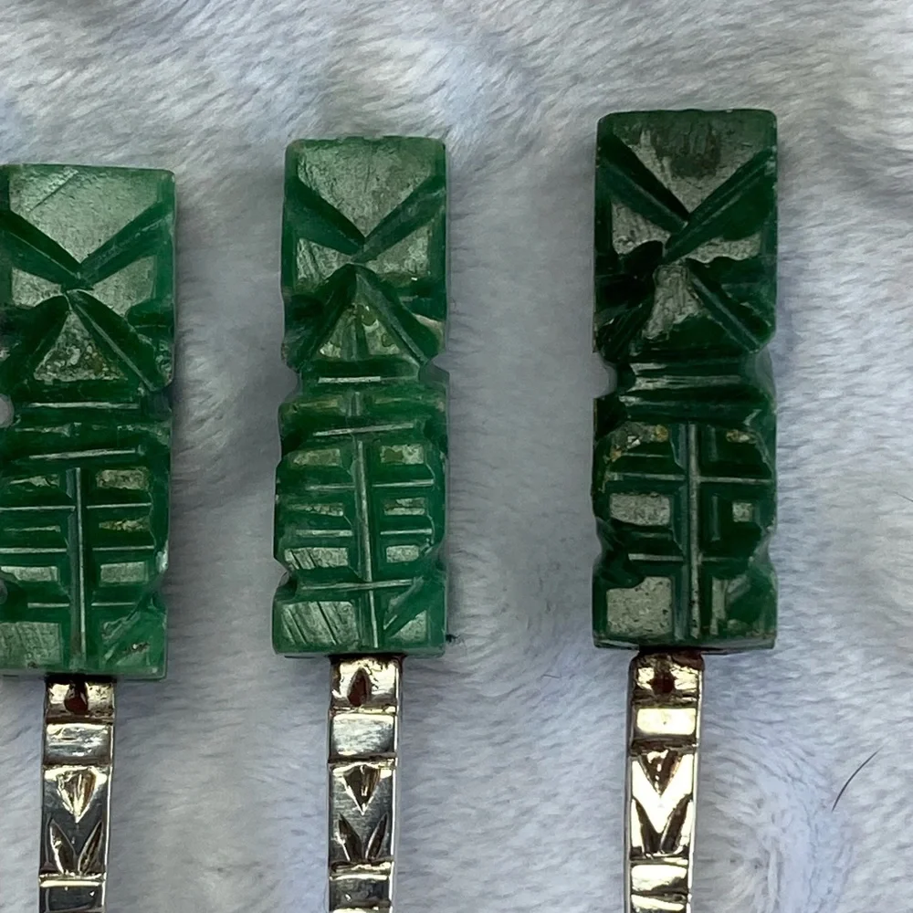 Vintage Hand Carved Jade and Sterling Silver Relish/Cocktail Forks